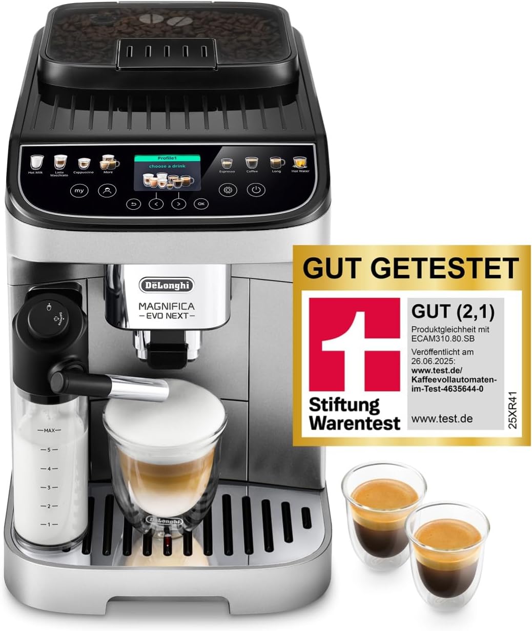 De'Longhi Magnifica Evo Next - Perfetto Fully Automatic Coffee Machine with LatteCrema Milk Frother, 13 One-Touch Drinks, Coffee and Cappuccino Coffee Machine, Coloured Touch Display, Titanium