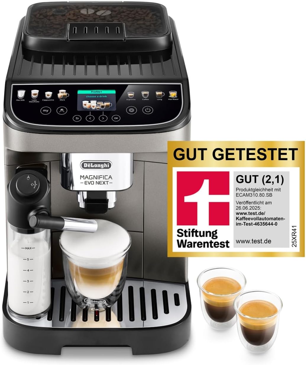 De'Longhi Magnifica Evo Next - Perfetto Fully Automatic Coffee Machine with LatteCrema Milk Frother, 13 One-Touch Drinks, Coffee and Cappuccino Coffee Machine, Coloured Touch Display, Titanium
