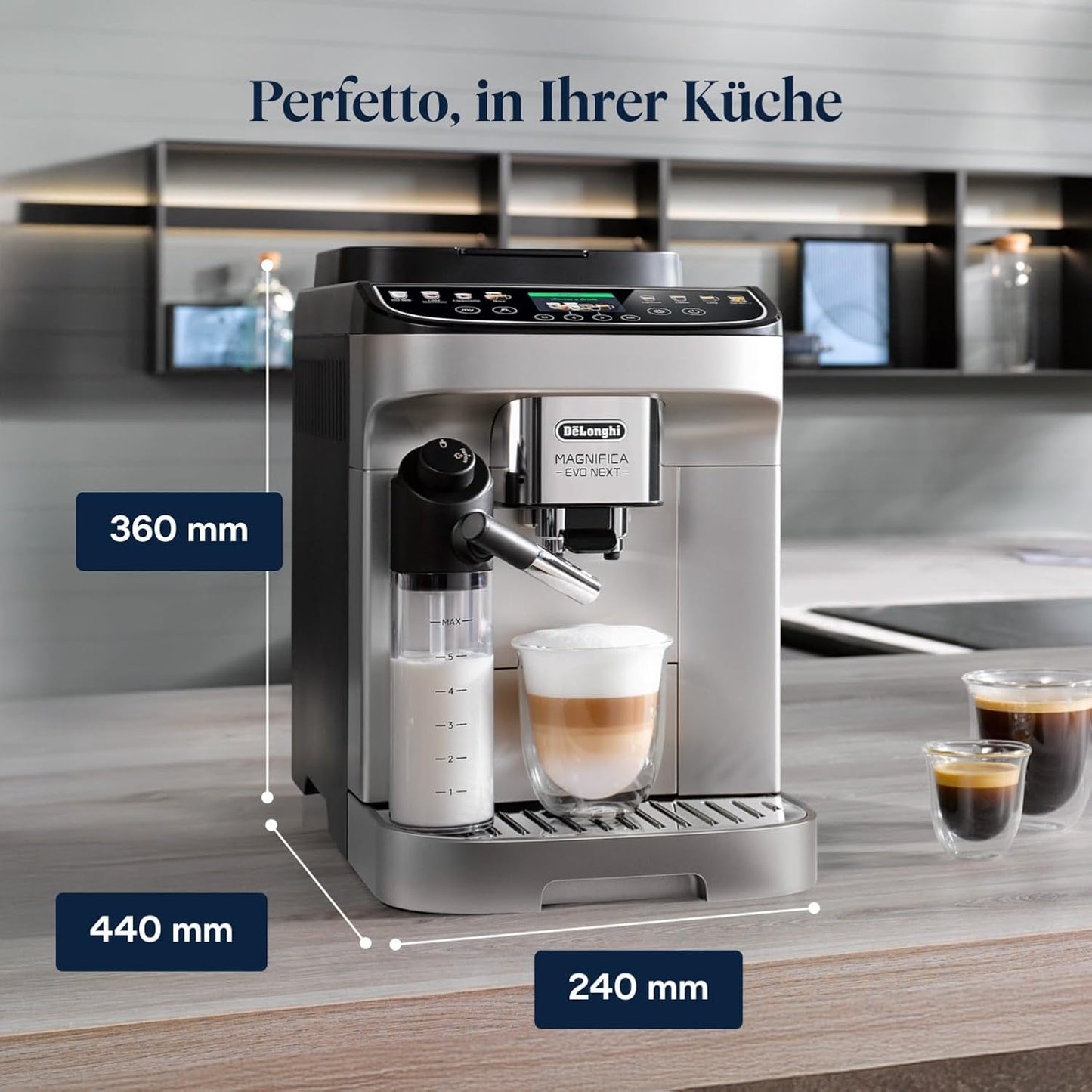 De'Longhi Magnifica Evo Next - Perfetto Fully Automatic Coffee Machine with LatteCrema Milk Frother, 13 One-Touch Drinks, Coffee and Cappuccino Coffee Machine, Coloured Touch Display, Titanium