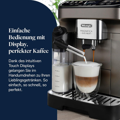 De'Longhi Magnifica Evo Next - Perfetto Fully Automatic Coffee Machine with LatteCrema Milk Frother, 13 One-Touch Drinks, Coffee and Cappuccino Coffee Machine, Coloured Touch Display, Titanium