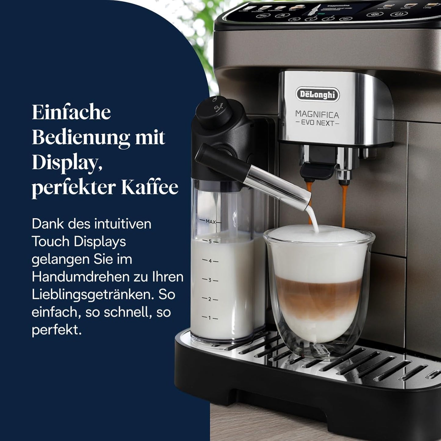 De'Longhi Magnifica Evo Next - Perfetto Fully Automatic Coffee Machine with LatteCrema Milk Frother, 13 One-Touch Drinks, Coffee and Cappuccino Coffee Machine, Coloured Touch Display, Titanium