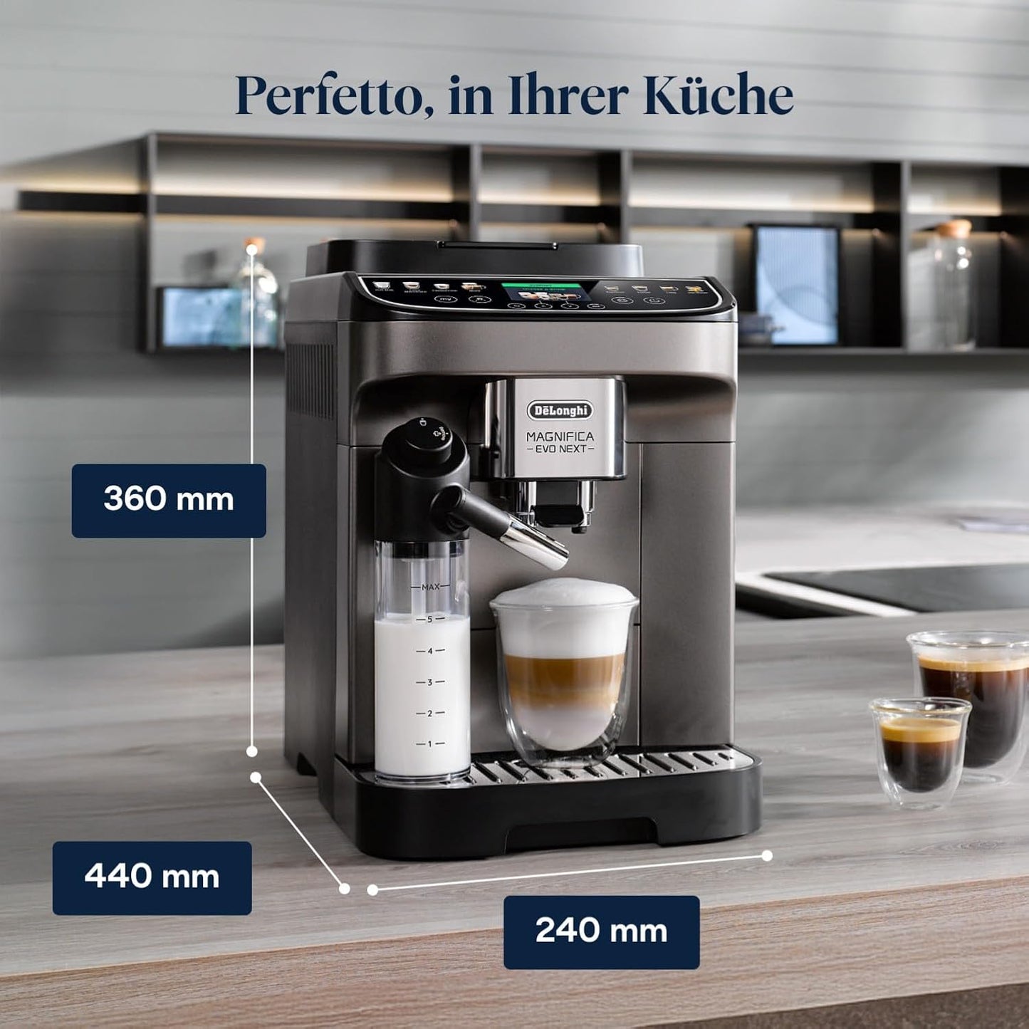 De'Longhi Magnifica Evo Next - Perfetto Fully Automatic Coffee Machine with LatteCrema Milk Frother, 13 One-Touch Drinks, Coffee and Cappuccino Coffee Machine, Coloured Touch Display, Titanium