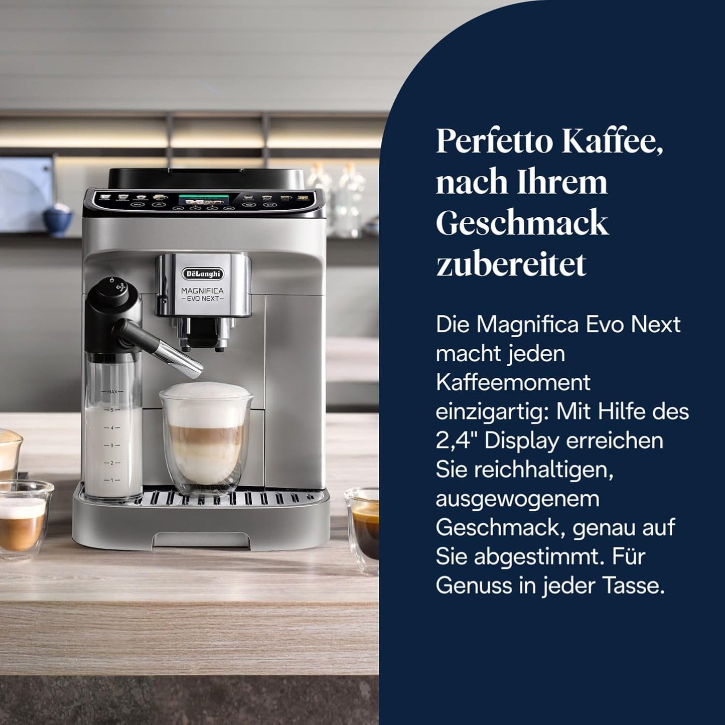 De'Longhi Magnifica Evo Next - Perfetto Fully Automatic Coffee Machine with LatteCrema Milk Frother, 13 One-Touch Drinks, Coffee and Cappuccino Coffee Machine, Coloured Touch Display, Titanium