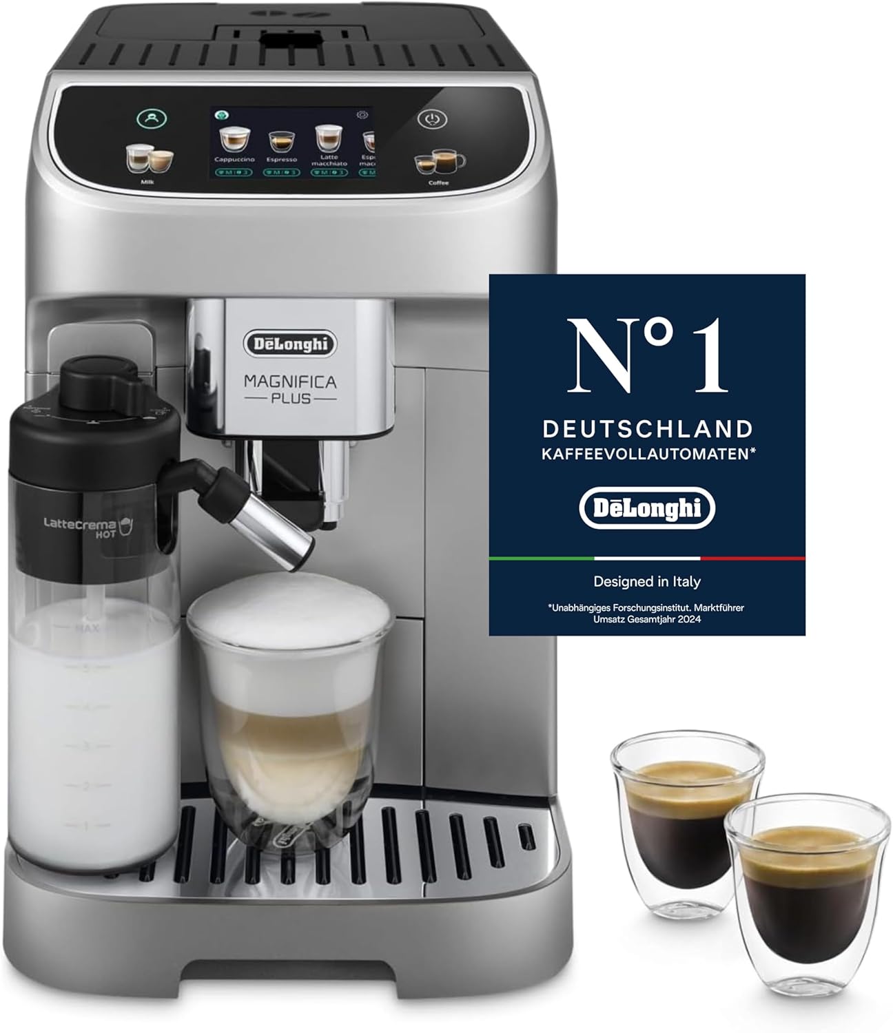 De'Longhi Magnifica Evo Next - Perfetto Fully Automatic Coffee Machine with LatteCrema Milk Frother, 13 One-Touch Drinks, Coffee and Cappuccino Coffee Machine, Coloured Touch Display, Titanium