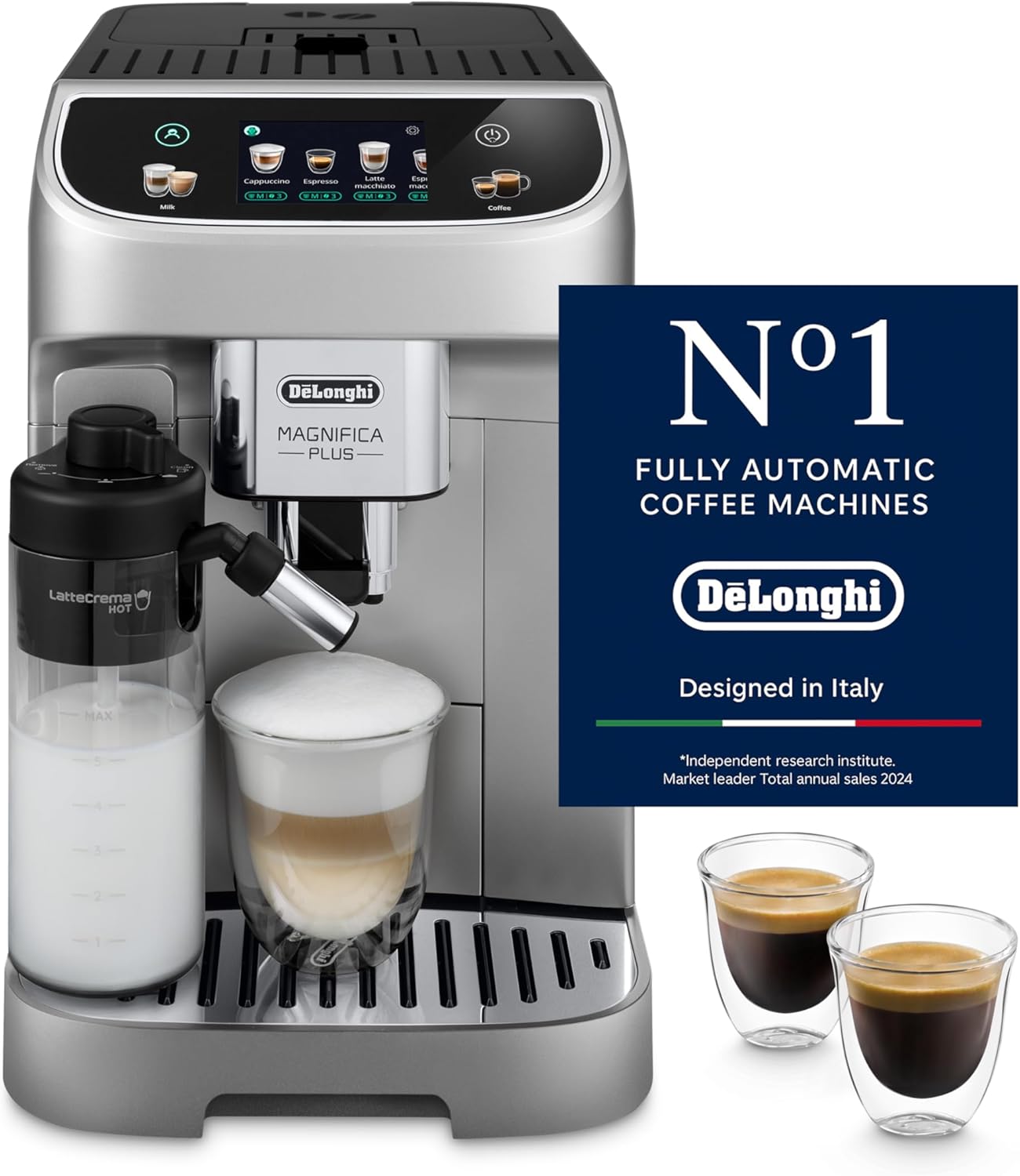 De'Longhi Magnifica Evo Next - Perfetto Fully Automatic Coffee Machine with LatteCrema Milk Frother, 13 One-Touch Drinks, Coffee and Cappuccino Coffee Machine, Coloured Touch Display, Titanium