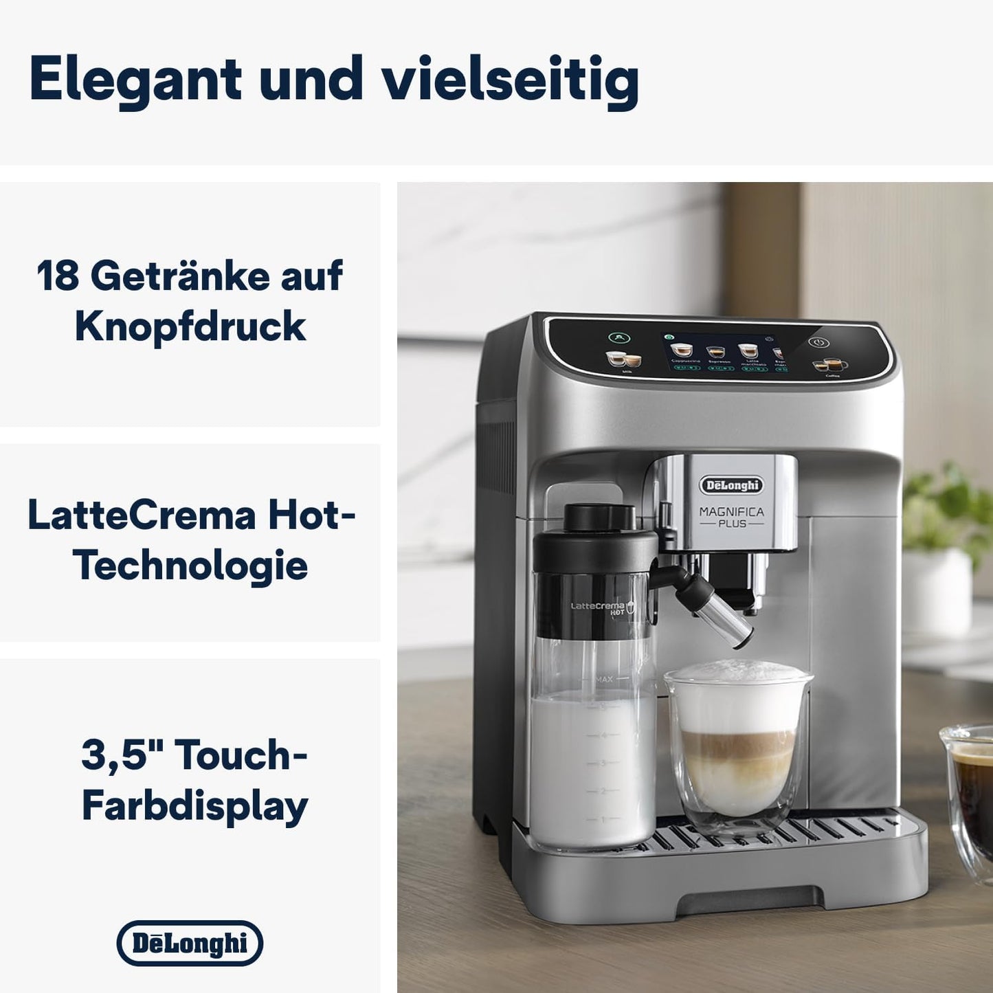 De'Longhi Magnifica Evo Next - Perfetto Fully Automatic Coffee Machine with LatteCrema Milk Frother, 13 One-Touch Drinks, Coffee and Cappuccino Coffee Machine, Coloured Touch Display, Titanium
