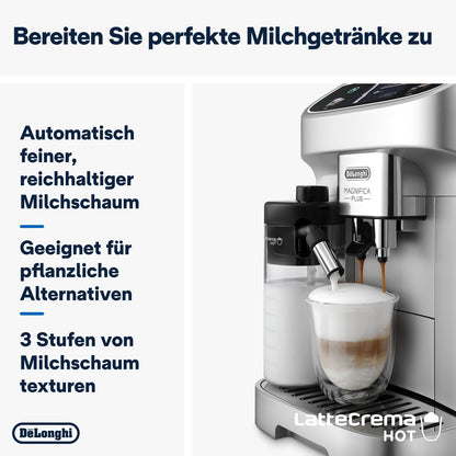 De'Longhi Magnifica Evo Next - Perfetto Fully Automatic Coffee Machine with LatteCrema Milk Frother, 13 One-Touch Drinks, Coffee and Cappuccino Coffee Machine, Coloured Touch Display, Titanium