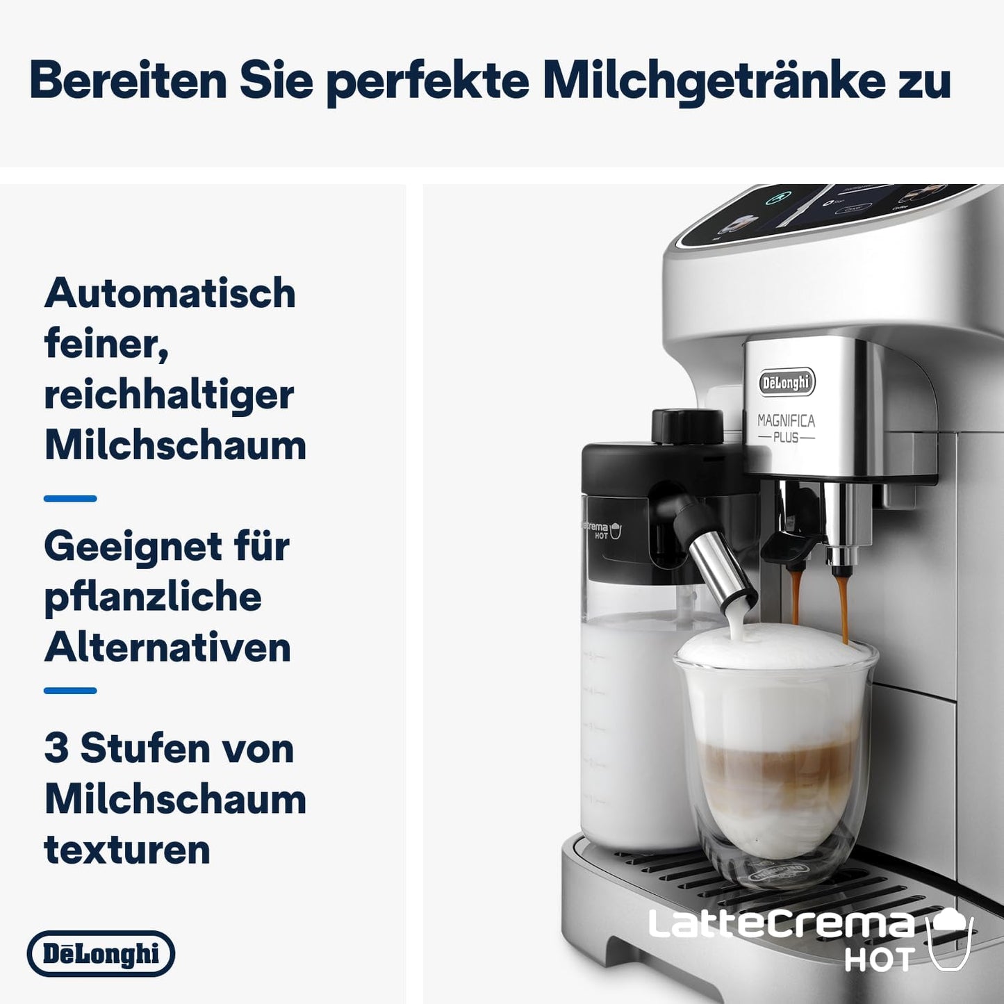 De'Longhi Magnifica Evo Next - Perfetto Fully Automatic Coffee Machine with LatteCrema Milk Frother, 13 One-Touch Drinks, Coffee and Cappuccino Coffee Machine, Coloured Touch Display, Titanium