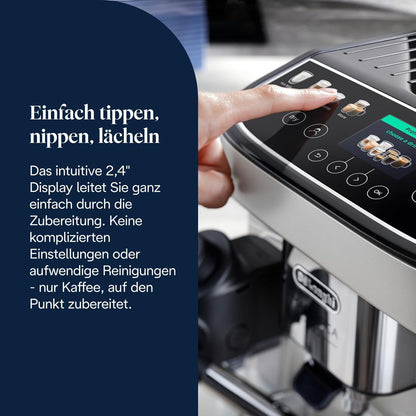 De'Longhi Magnifica Evo Next - Perfetto Fully Automatic Coffee Machine with LatteCrema Milk Frother, 13 One-Touch Drinks, Coffee and Cappuccino Coffee Machine, Coloured Touch Display, Titanium