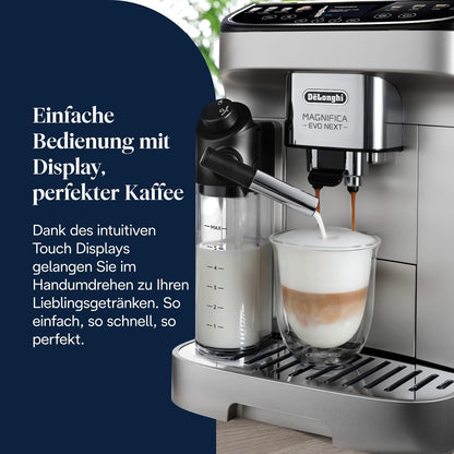 De'Longhi Magnifica Evo Next - Perfetto Fully Automatic Coffee Machine with LatteCrema Milk Frother, 13 One-Touch Drinks, Coffee and Cappuccino Coffee Machine, Coloured Touch Display, Titanium