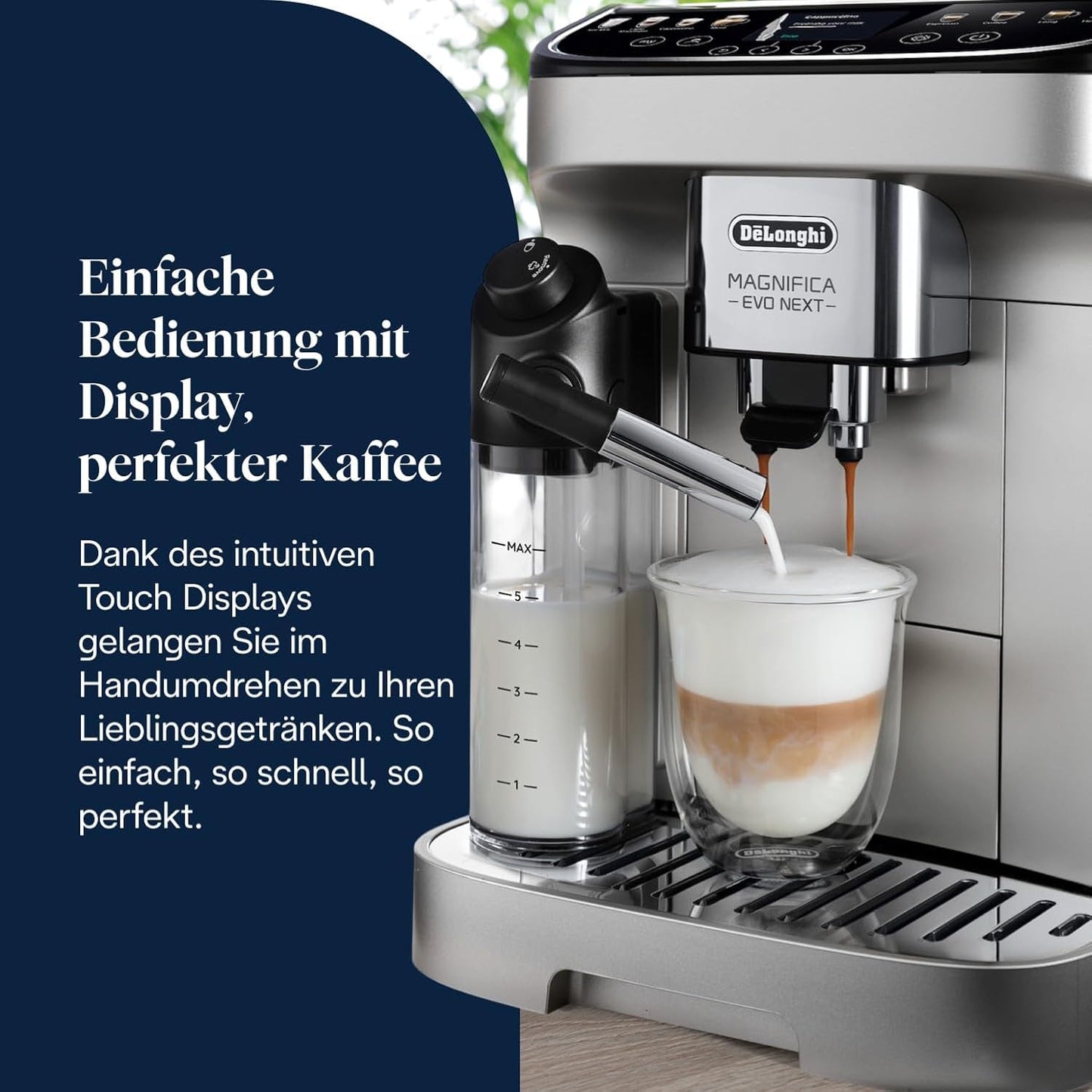 De'Longhi Magnifica Evo Next - Perfetto Fully Automatic Coffee Machine with LatteCrema Milk Frother, 13 One-Touch Drinks, Coffee and Cappuccino Coffee Machine, Coloured Touch Display, Titanium